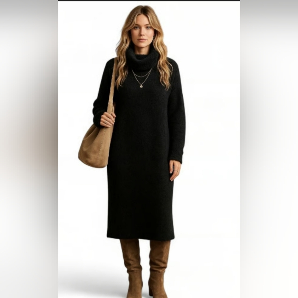 R&K Elegant Black Long Sleeve Midi Dress